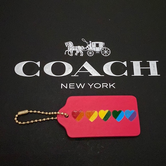 Coach Rare Pride Rainbow Heart Leather fuchsia Leather hangtag fob bag charm NWT - Picture 1 of 5